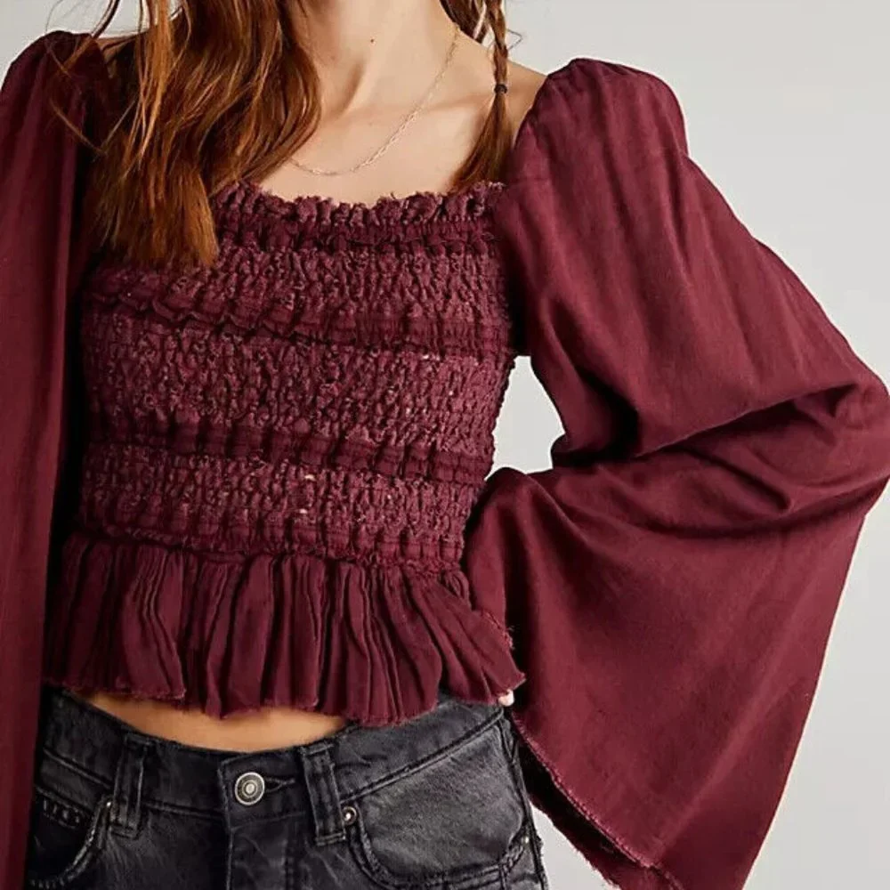 Free People FP One Rory Top Plum Jam Square Neck Smocked  XS NWT